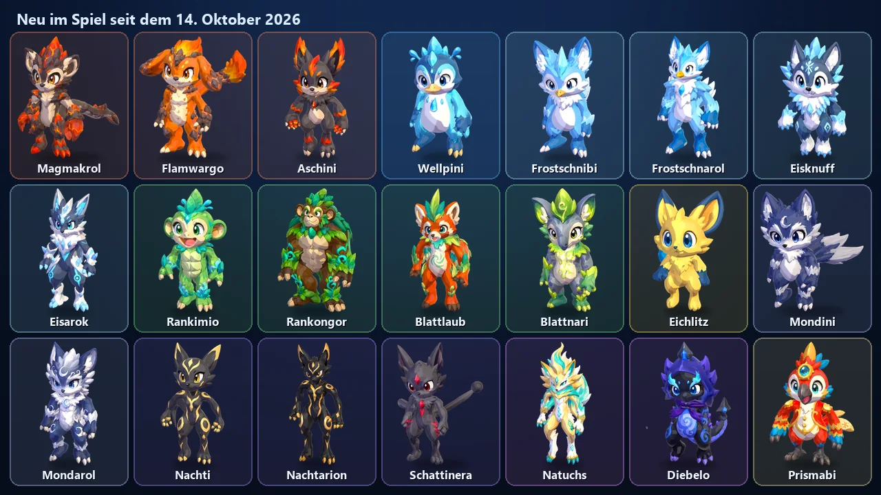 Sammelbild mit den 21 Lumimon, die seit dem 14. Oktober neu im Spiel sind, jedes mit seinem Namen darunter