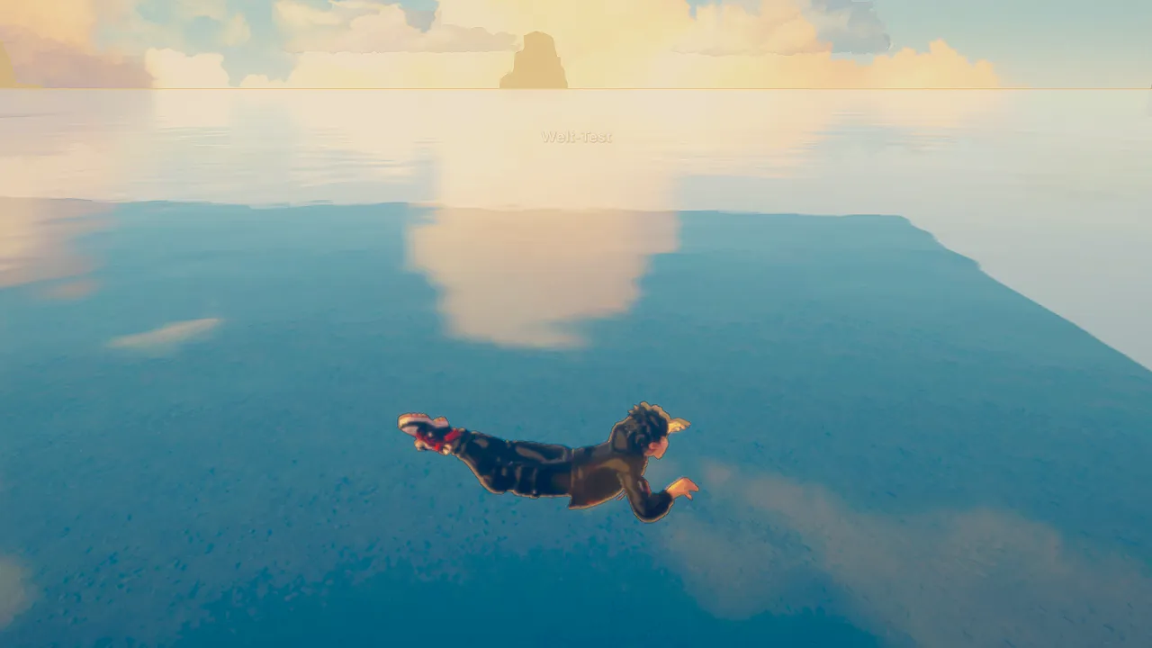 Die Spielfigur schwimmt im ruhigen, blauen Meer, in dem sich die Wolken spiegeln
