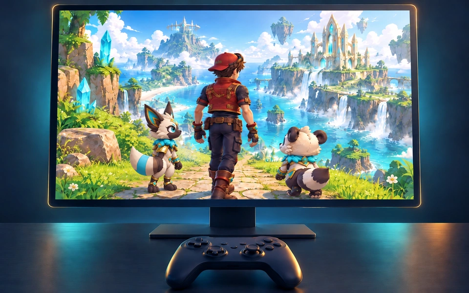 Illustration eines PC-Bildschirms mit Lumimon und einem Controller